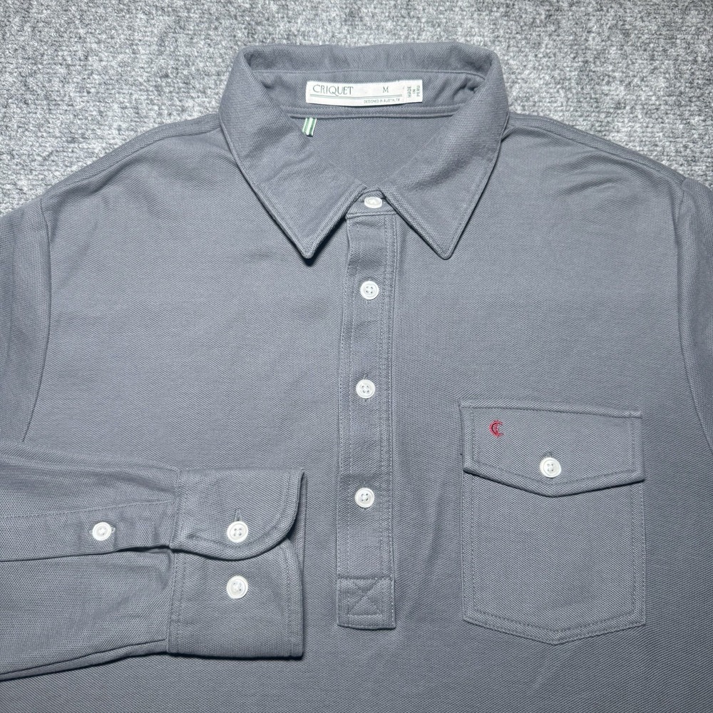 Criquet Long Sleeve Polo Shirt 100% Pima Cotton Men Medium Gray Pocket Logo